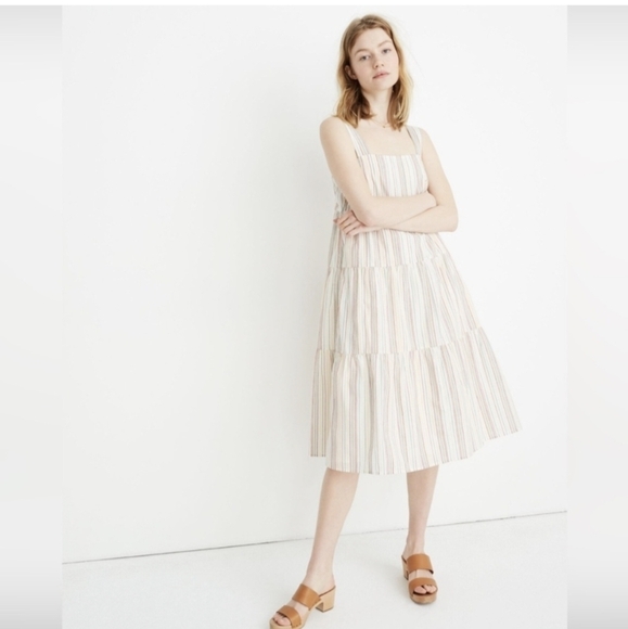 Madewell Button-Back Tiered Dress in Textural Rainbow Stripe Size 12 - Picture 2 of 12